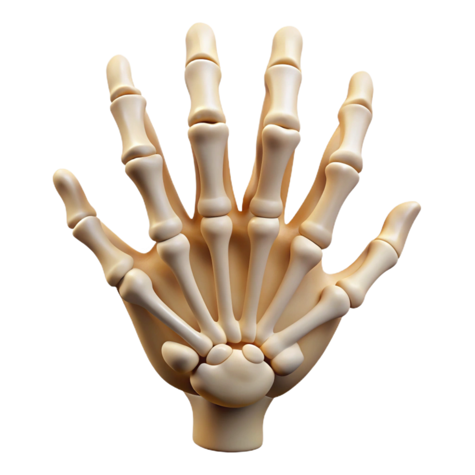 radiant unparalleleDecorative skeleton hanreaching out, bone texture, realistic details, dramatic lighting, front view, isolateon transparent background,high-resolution product photography png