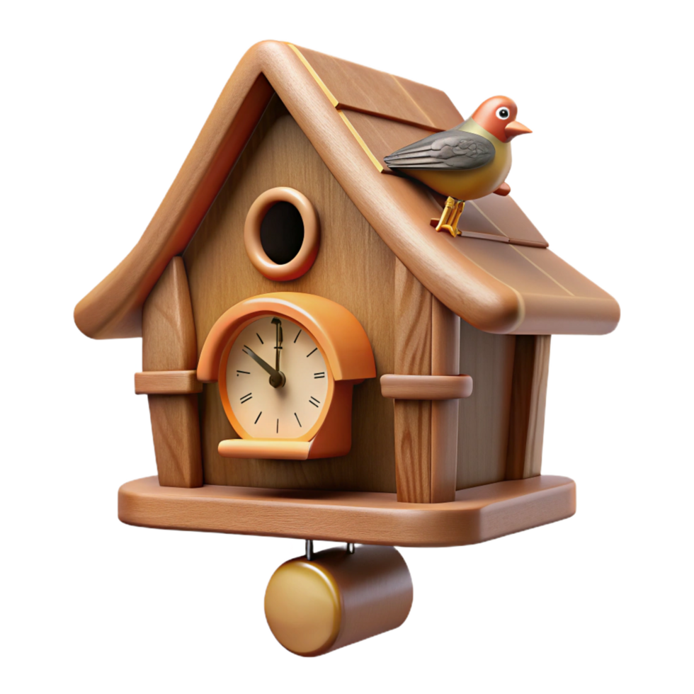 remarkable industrial Cuckoo clock with carvedetails ana moving cuckoo bird, wooden casing, soft lighting, with transparent background,high-resolution product photography premium png