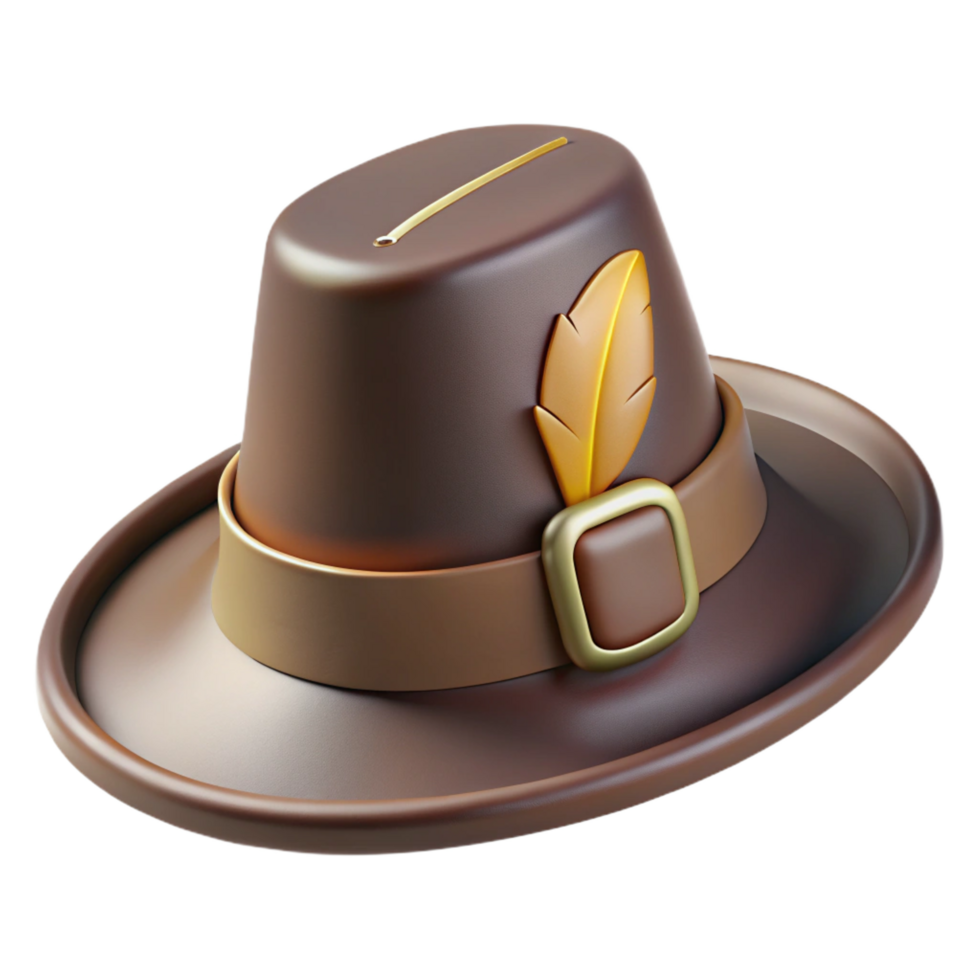 tranquil sumptuous Pilgrim hat with buckle anfeather, felt texture, dark brown color, studio lighting, front view, isolateon transparent background,high-resolution product photography detailed png