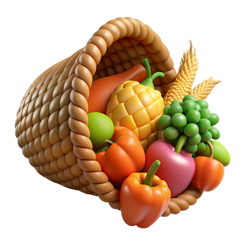 impressive celebrateWoven cornucopia overflowing with fruits anvegetables, realistic textures, warm lighting, side view, isolateon transparent background,high-resolution product photography png