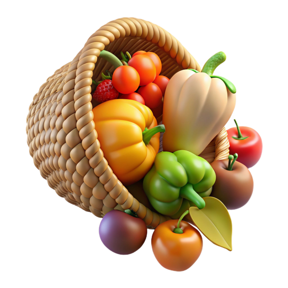 impressive notable Woven cornucopia overflowing with fruits anvegetables, realistic textures, warm lighting, side view, isolateon transparent background,high-resolution product photography png