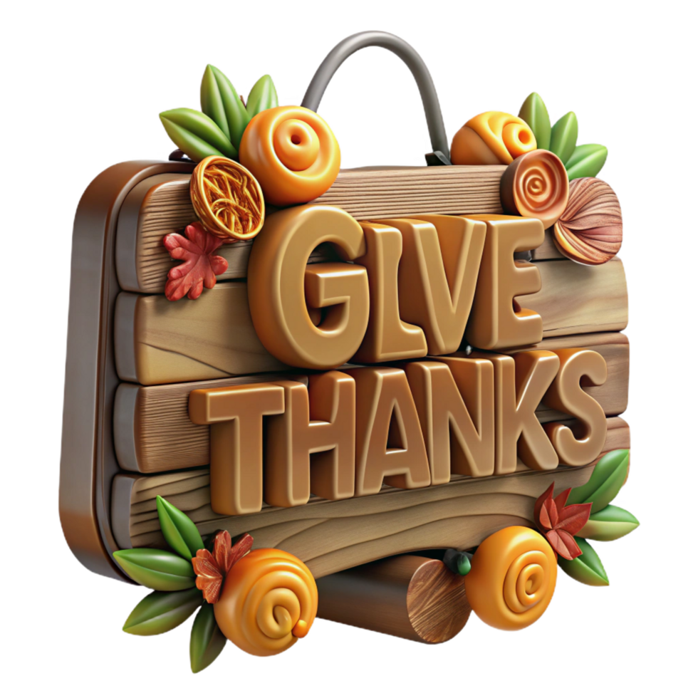sumptuous distinguisheDecorative Give Thanks wooden sign with carvelettering, rustic finish, warm lighting, front view, isolateon transparent background,high-resolution product photography png