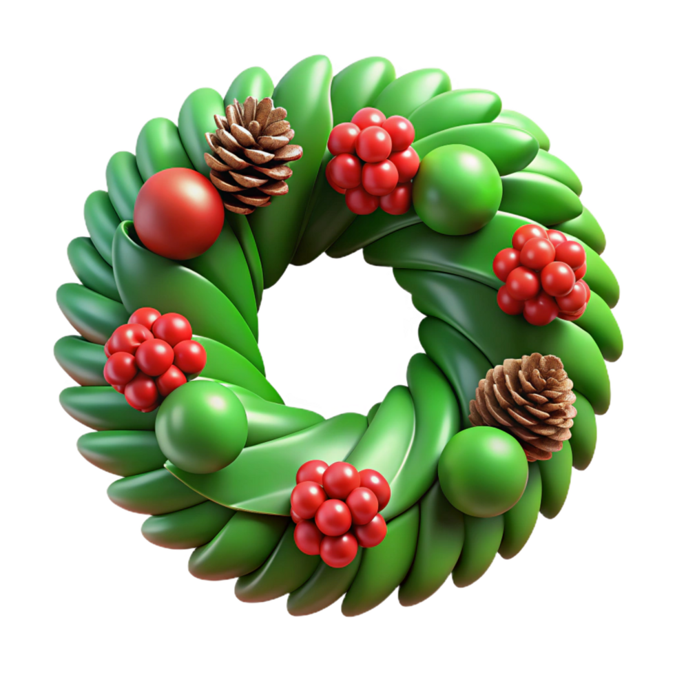 stunning coastal Green Christmas wreath with pinecones anreberries, realistic textures, warm lighting, front view, isolateon transparent background,high-resolution product photography high resolution png