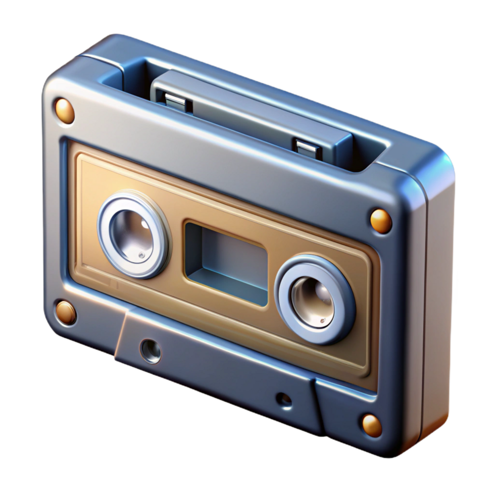 extraordinary distinguisheRetro-style cassette tape player with chrome details anvisible cassette, front view, dramatic lighting, isolateon transparent background,high-resolution product photography png