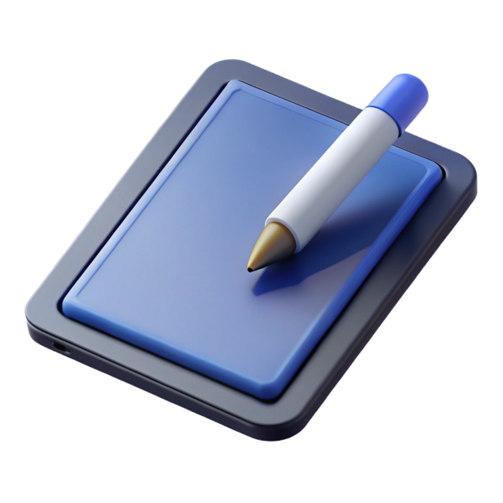 impressive unforgettable Tablet computer with stylus pen, angleperspective, soft lighting, isolateon transparent background,high-resolution product photography png