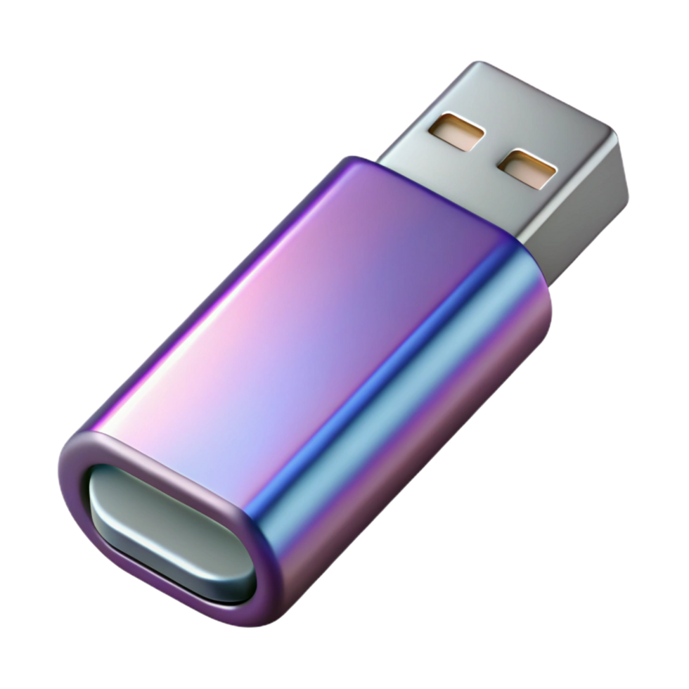 radiant unforgettable USB flash drive with metallic casing, angleperspective, soft lighting, isolateon transparent background,high-resolution product photography png