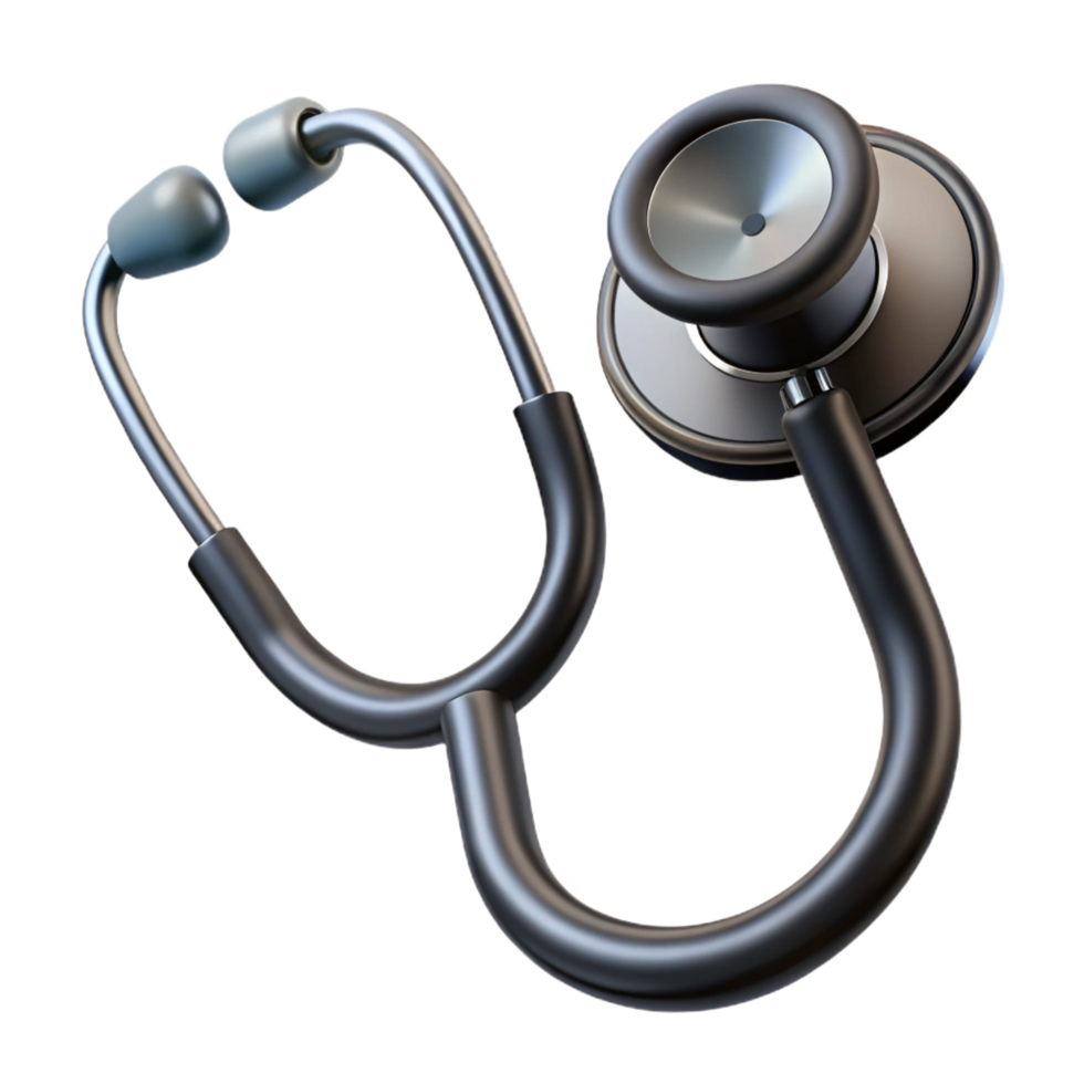 sought-after retro Stethoscope with dual-heachestpiece, matte black tubing, chrome-plateeartips, soft lighting, photorealistic, isolateon transparent background,high-resolution product photography 4K png