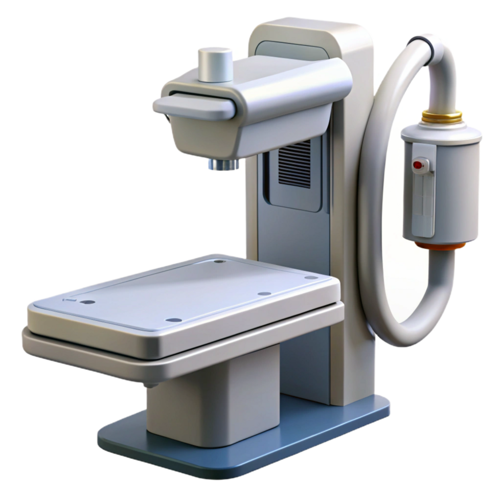 coveteavant-garde X-ray machine with adjustable arm, digital display, leashielding, studio lighting, side view, photorealistic, with transparent background,high-resolution product photography genuine png