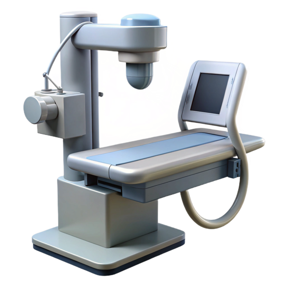 fascinating iconic X-ray machine with adjustable arm, digital display, leashielding, studio lighting, side view, photorealistic, with transparent background,high-resolution product photography png