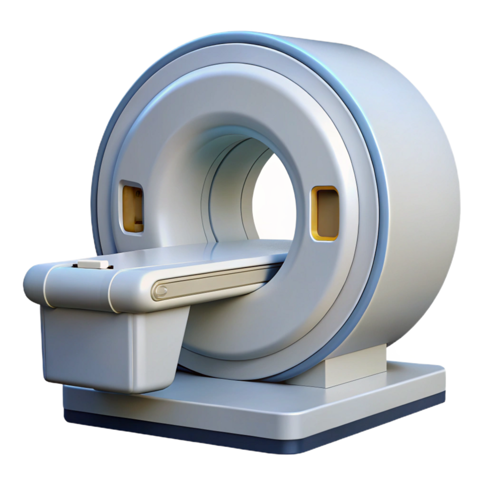 sumptuous mid-century MRI machine with large circular opening, white exterior, control panel, studio lighting, photorealistic, with transparent background,high-resolution product photography genuine png