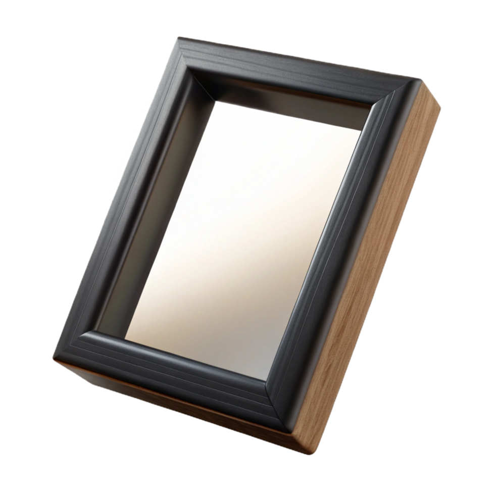 tranquil beautiful Simple black wooden frame, matte finish, slight woograin texture, soft lighting, render, isolateon transparent background,high-resolution product photography luxury png