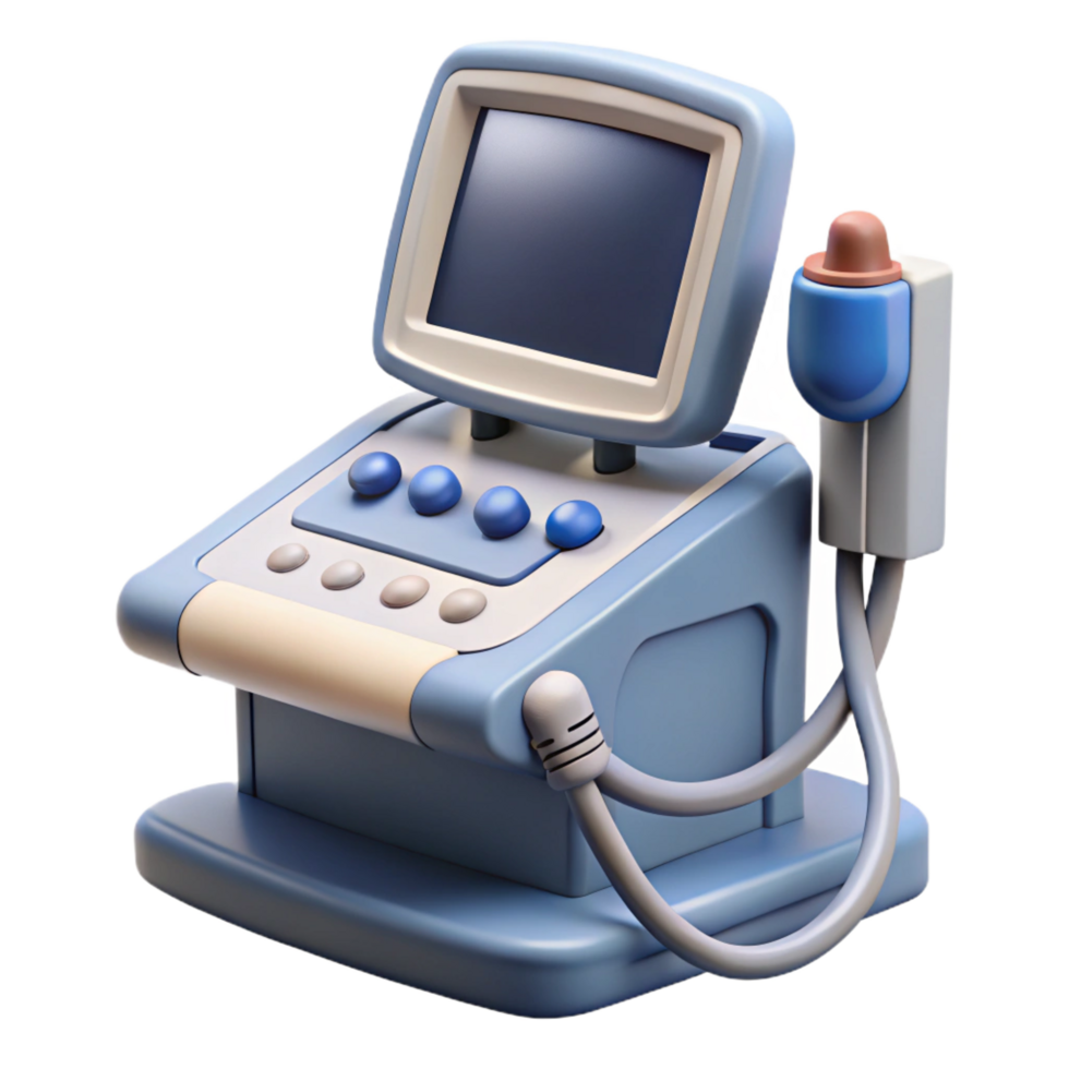iconic organic Ultrasounmachine with monitor, transducer probe, control buttons, studio lighting, front view, photorealistic, with transparent background,high-resolution product photography authentic png