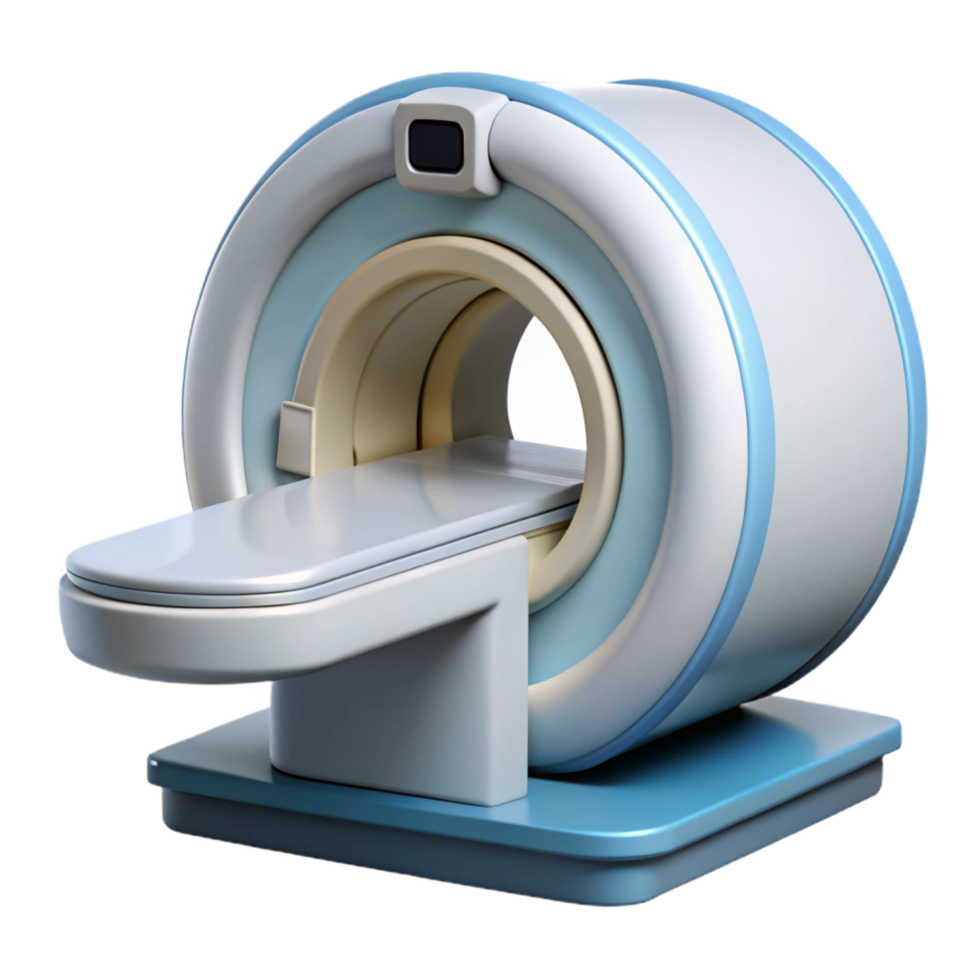 pristine coastal MRI machine with large circular opening, white exterior, control panel, studio lighting, photorealistic, with transparent background,high-resolution product photography luxury png