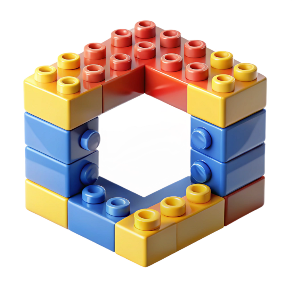 elegant memorable Frame made of LEGO bricks, bright primary colors, interlocking pieces, studio lighting, render, with transparent background,high-resolution product photography png