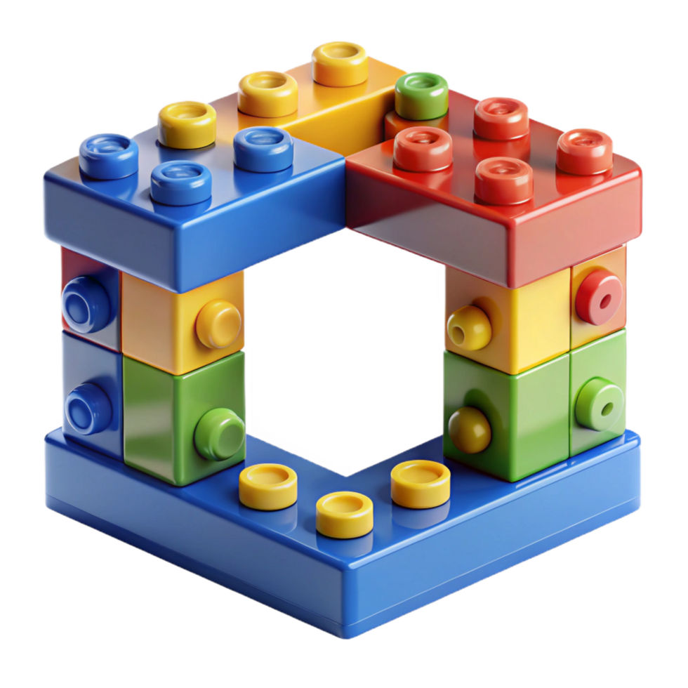 mesmerizing playful artistic Frame made of LEGO bricks, bright primary colors, interlocking pieces, studio lighting, render, with transparent background,high-resolution product photography top-tier png