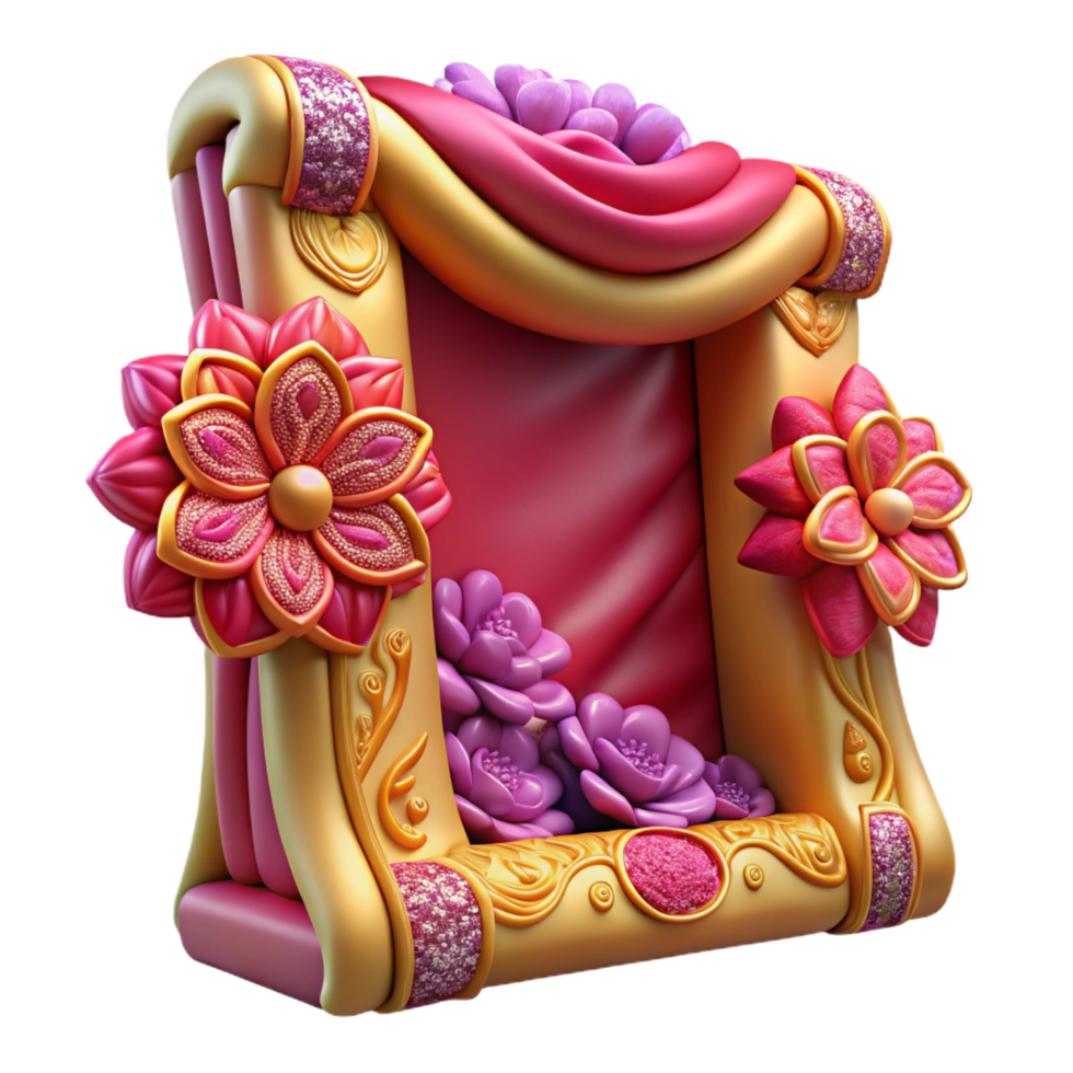 standout creative Embroiderefabric frame with floral patterns, vibrant silk threads, soft lighting, front view, render, with transparent background,high-resolution product photography ultra HD png