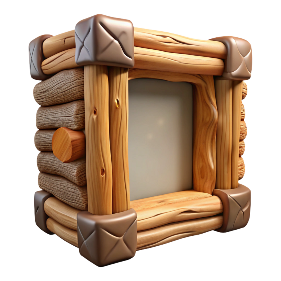 elegant coveteRustic wooden frame with bark edges, natural texture, soft lighting, render, with transparent background,high-resolution product photography png