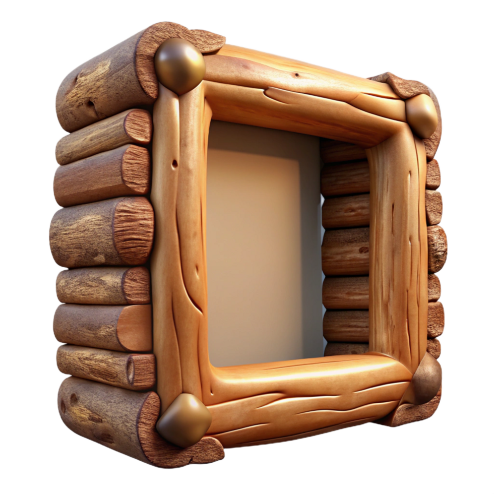 spectacular joyful minimalist Rustic wooden frame with bark edges, natural texture, soft lighting, render, with transparent background,high-resolution product photography sharp png