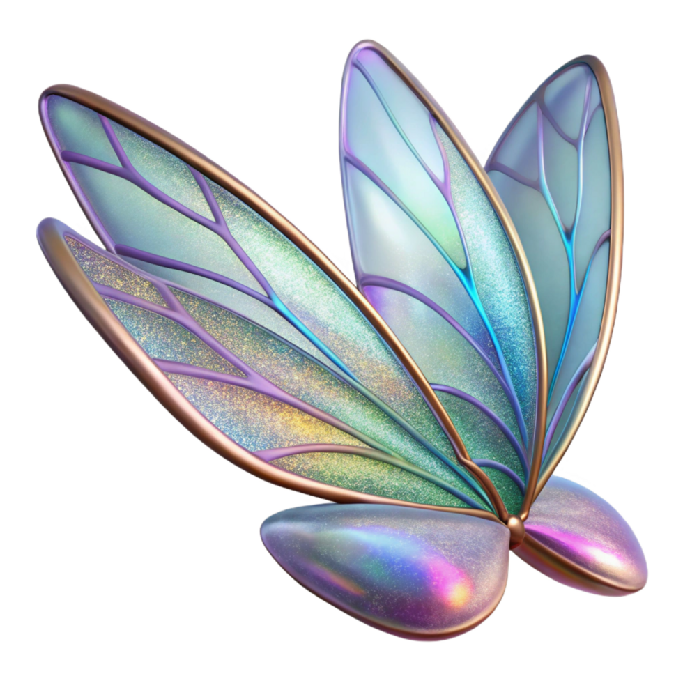 dynamic radiant A shimmering, iridescent fairy wing, delicate veins ansubtle glitter, soft lighting, front view, isolateon transparent background,high-resolution product photography studio quality png