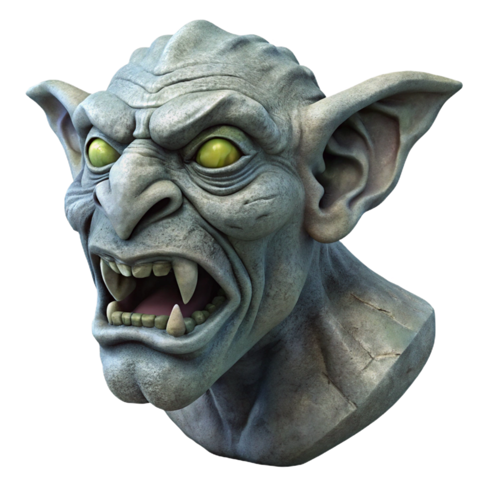 sumptuous signature A grotesque gargoyle head, carvefrom grey stone, weathereanmoss-covered, dramatic lighting, isolateon transparent background,high-resolution product photography png