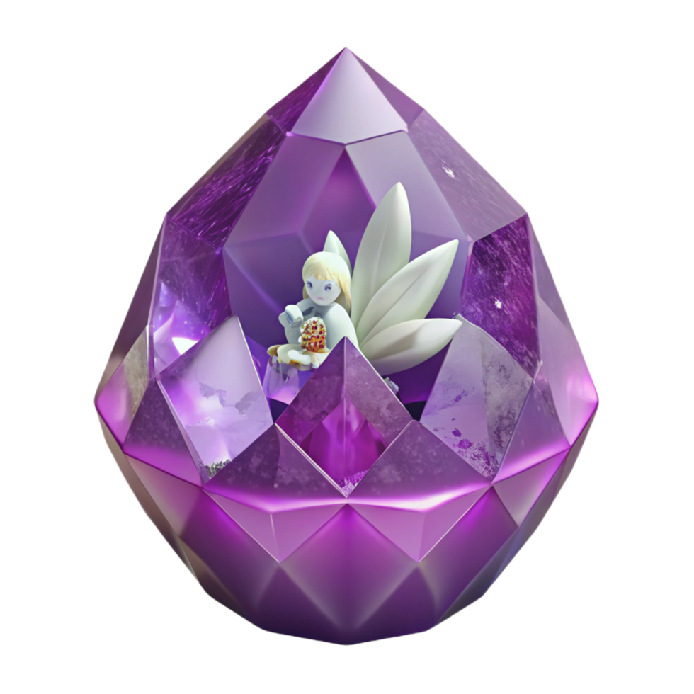 coveterustic A single, polisheamethyst geode, containing a miniature, crystalizefairy, soft lighting, front view, isolateon transparent background,high-resolution product photography expertly shot png
