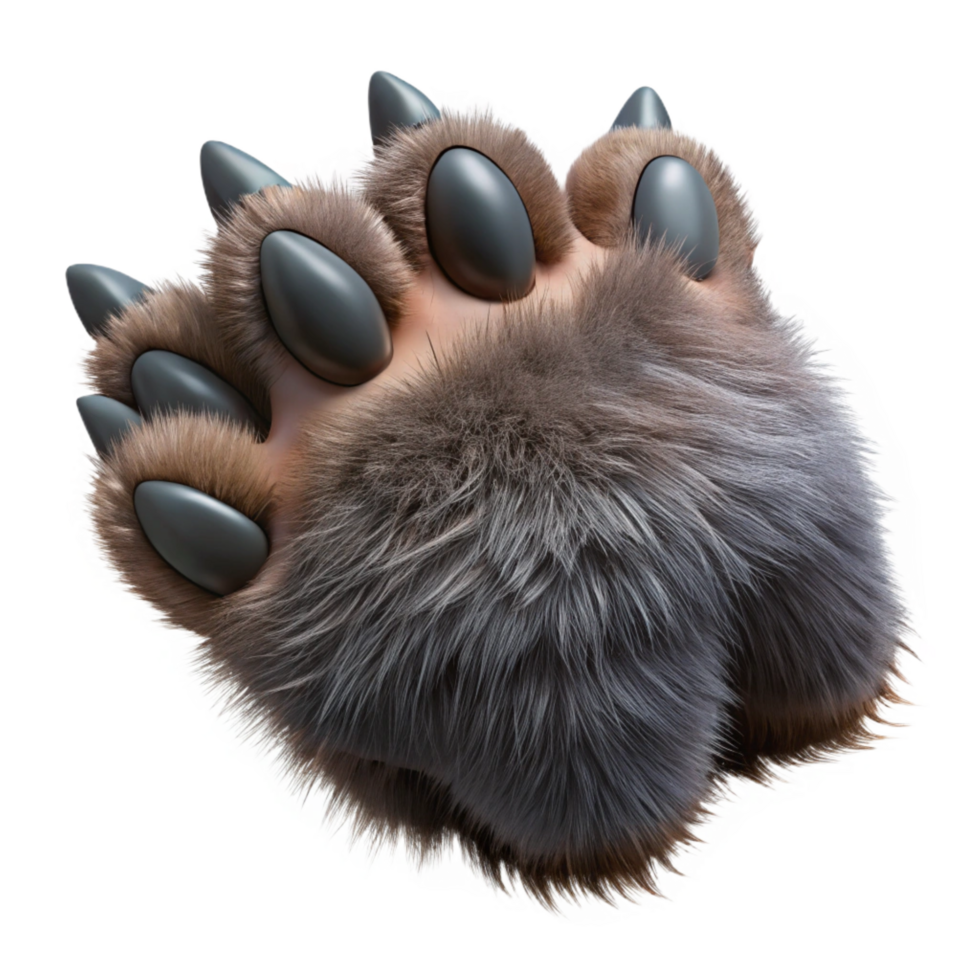 mesmerizing iconic A realistic, furry werewolf paw, with extendeclaws, dramatic lighting, top-down view, isolateon transparent background,high-resolution product photography png