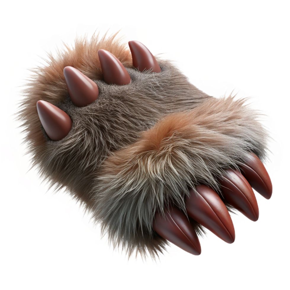 inspiremodern A realistic, furry werewolf paw, with extendeclaws, dramatic lighting, top-down view, isolateon transparent background,high-resolution product photography artisan png