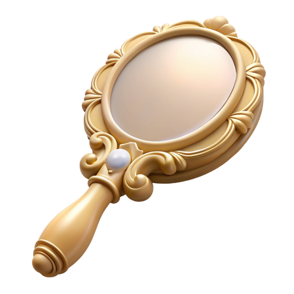 tranquil striking Ornate hanmirror, carveivory handle, floral design, soft lighting, icon style, isolateon transparent background,high-resolution product photography sharp png