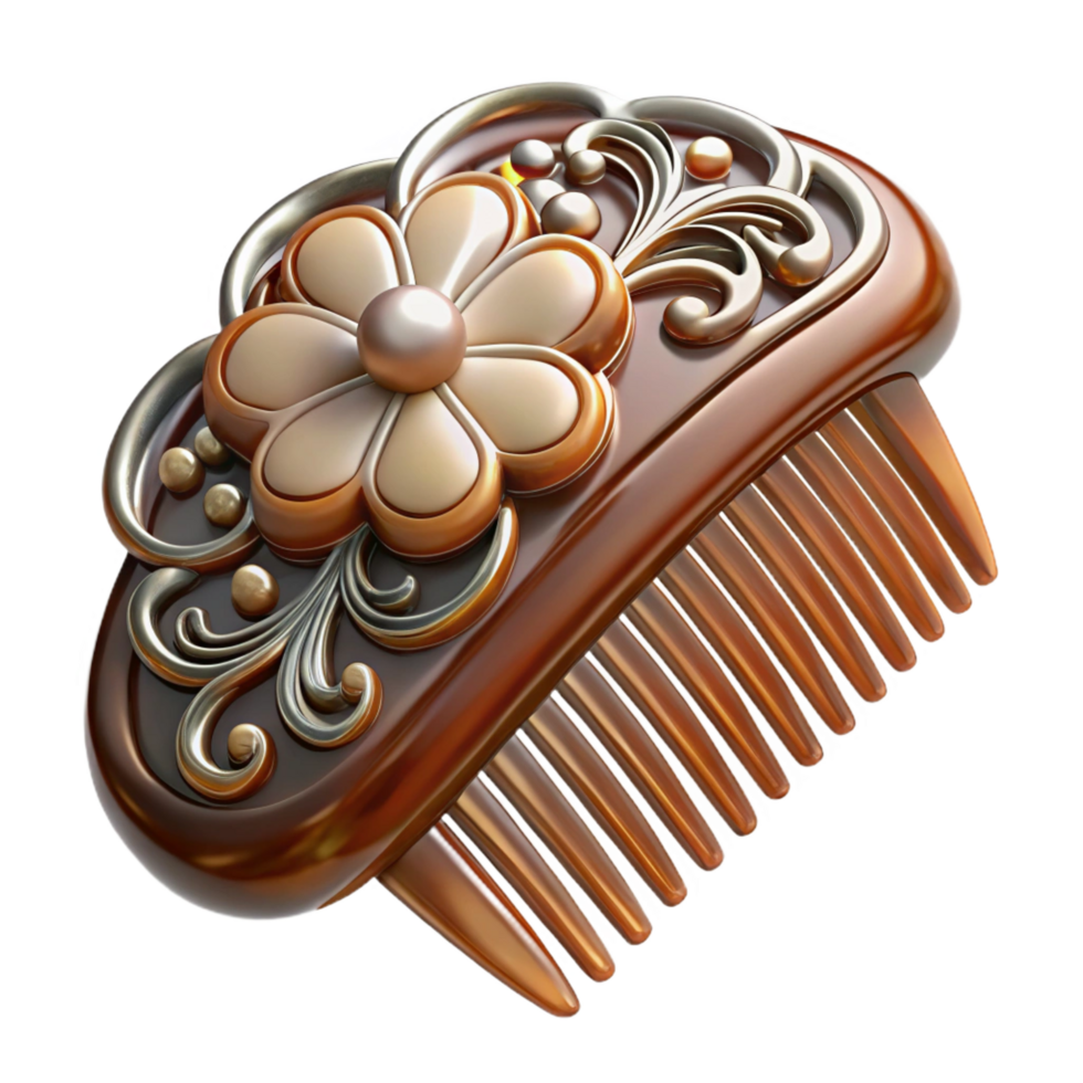 inspireretro Art Nouveau hair comb, tortoiseshell ansilver, floral motif, soft lighting, side view, icon style, isolateon transparent background,high-resolution product photography impeccable png