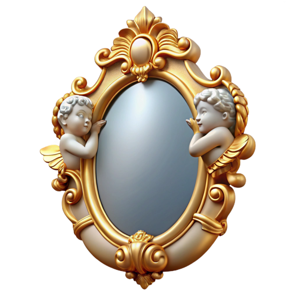 peaceful glorious Ornate wall mirror, gildeframe with cherub motifs, beveleglass, soft lighting, front view, icon style, isolateon transparent background,high-resolution product photography elite png