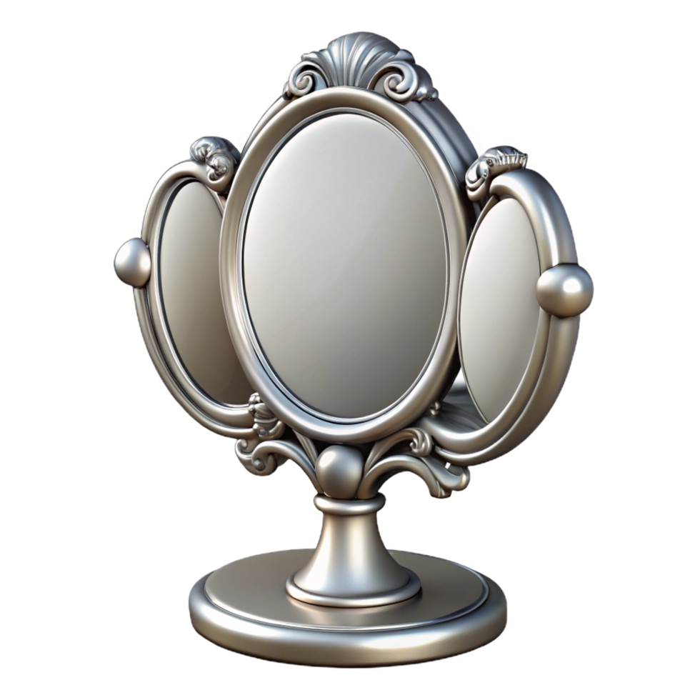 captivating sought-after Ornate dressing table mirror, triple mirror design, silver finish, soft lighting, front view, icon style, isolateon transparent background,high-resolution product photography png