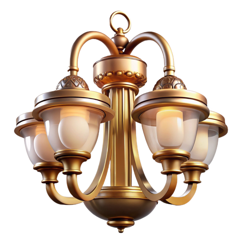 dramatic striking Chandelier with glass shades, brass frame, art deco style, dramatic lighting, icon style, isolateon transparent background,high-resolution product photography 4K png