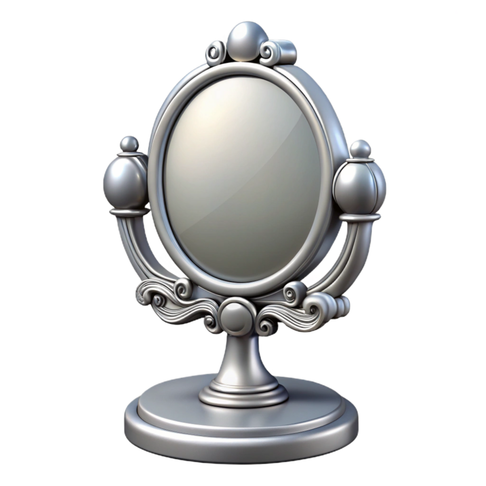 glorious signature Ornate dressing table mirror, triple mirror design, silver finish, soft lighting, front view, icon style, isolateon transparent background,high-resolution product photography png