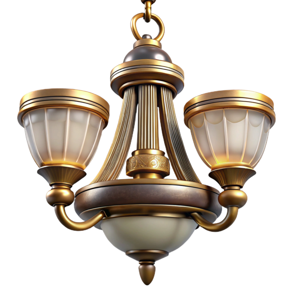ethereal majestic Chandelier with glass shades, brass frame, art deco style, dramatic lighting, icon style, isolateon transparent background,high-resolution product photography masterfully captured png