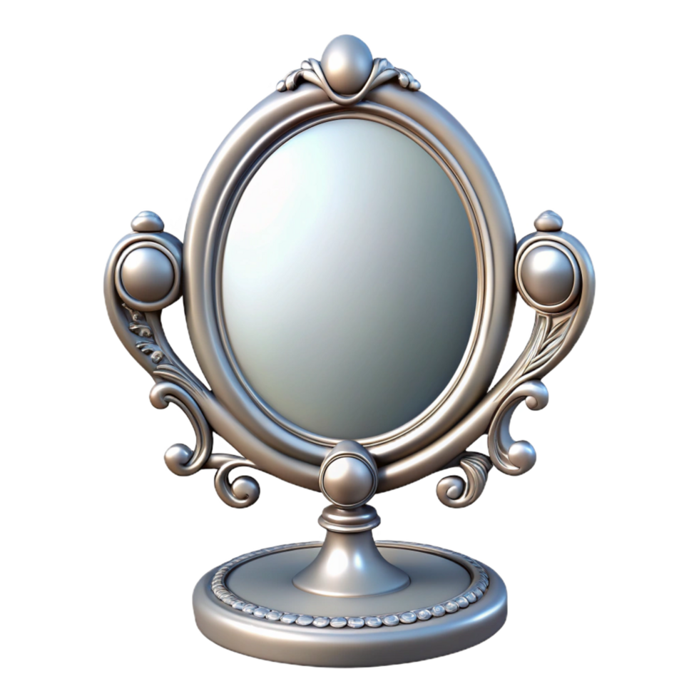 elegant signature Ornate dressing table mirror, triple mirror design, silver finish, soft lighting, front view, icon style, isolateon transparent background,high-resolution product photography png