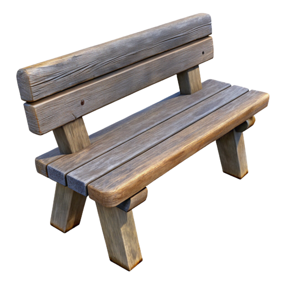 acclaimemid-century Rustic wooden bench, weatheregray finish, natural woograin, soft lighting, side view, isolateon transparent background,high-resolution product photography precision png