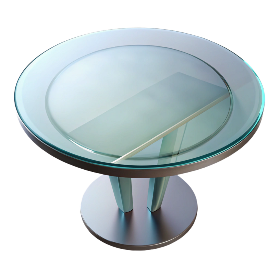 dramatic acclaimeCircular glass dining table, beveleedge, transparent surface, studio lighting, top-down view, isolateon transparent background,high-resolution product photography png