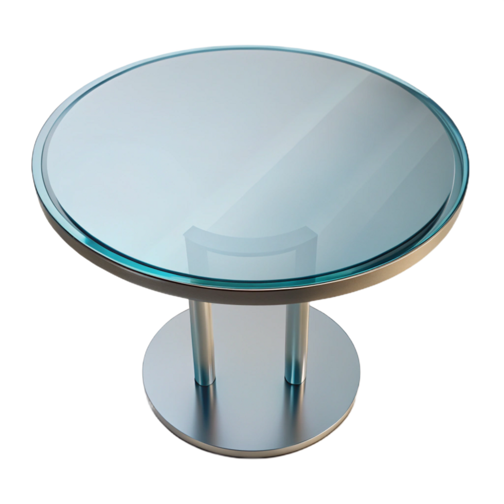 enchanting retro Circular glass dining table, beveleedge, transparent surface, studio lighting, top-down view, isolateon transparent background,high-resolution product photography perfect clarity png