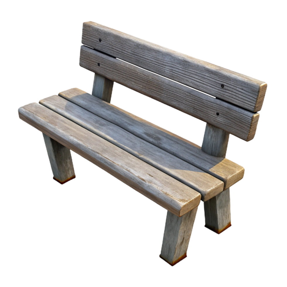 mysterious fascinating Rustic wooden bench, weatheregray finish, natural woograin, soft lighting, side view, isolateon transparent background,high-resolution product photography luxury png
