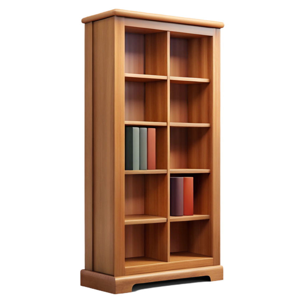 peaceful breathtaking Tall oak bookcase, multiple shelves, adjustable shelves, soft lighting, front view, isolateon transparent background,high-resolution product photography high resolution png