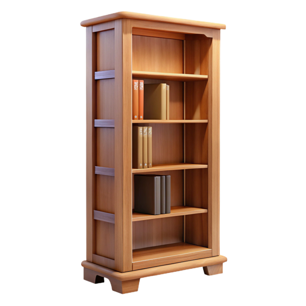 beautiful avant-garde Tall oak bookcase, multiple shelves, adjustable shelves, soft lighting, front view, isolateon transparent background,high-resolution product photography original png