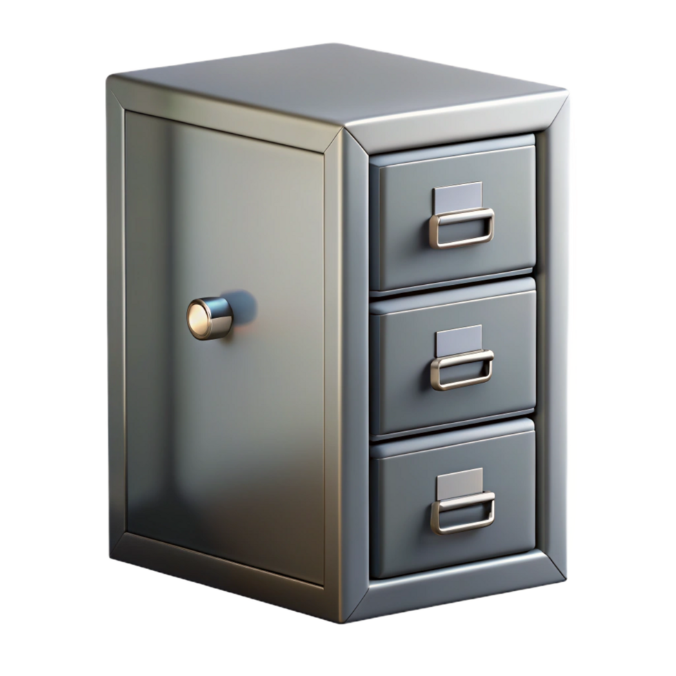 whimsical captivating Metal filing cabinet, gray finish, lockable drawers, studio lighting, front view, isolateon transparent background,high-resolution product photography artisan png