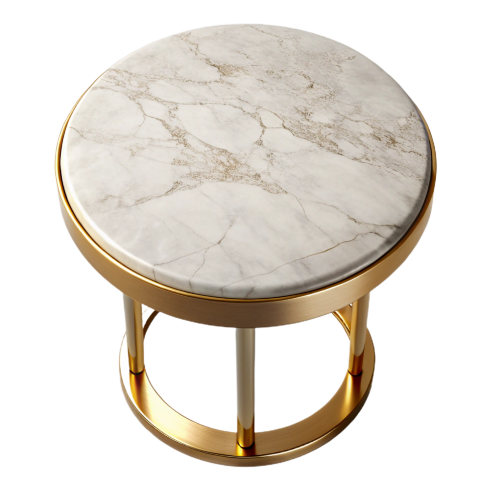 calm alluring Small rounside table, marble top, golmetal base, studio lighting, top-down view, isolateon transparent background,high-resolution product photography masterfully captured png