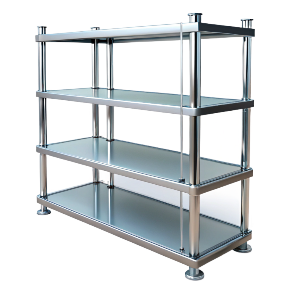 distinguishesurreal Glass anmetal shelf unit, adjustable shelves, chrome finish, studio lighting, with transparent background,high-resolution product photography perfect clarity png