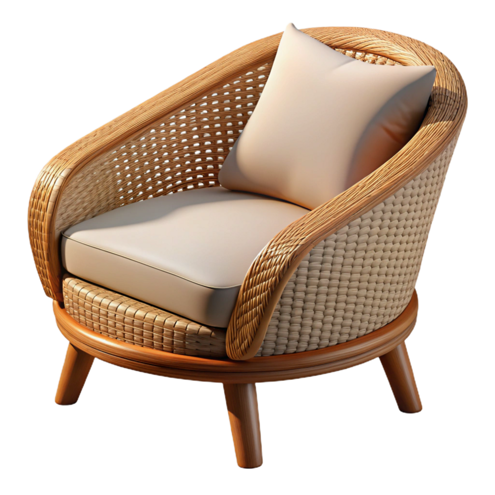alluring dramatic industrial Wicker patio chair, curveback, cushioneseat, soft lighting, side view, isolateon transparent background,high-resolution product photography authentic png