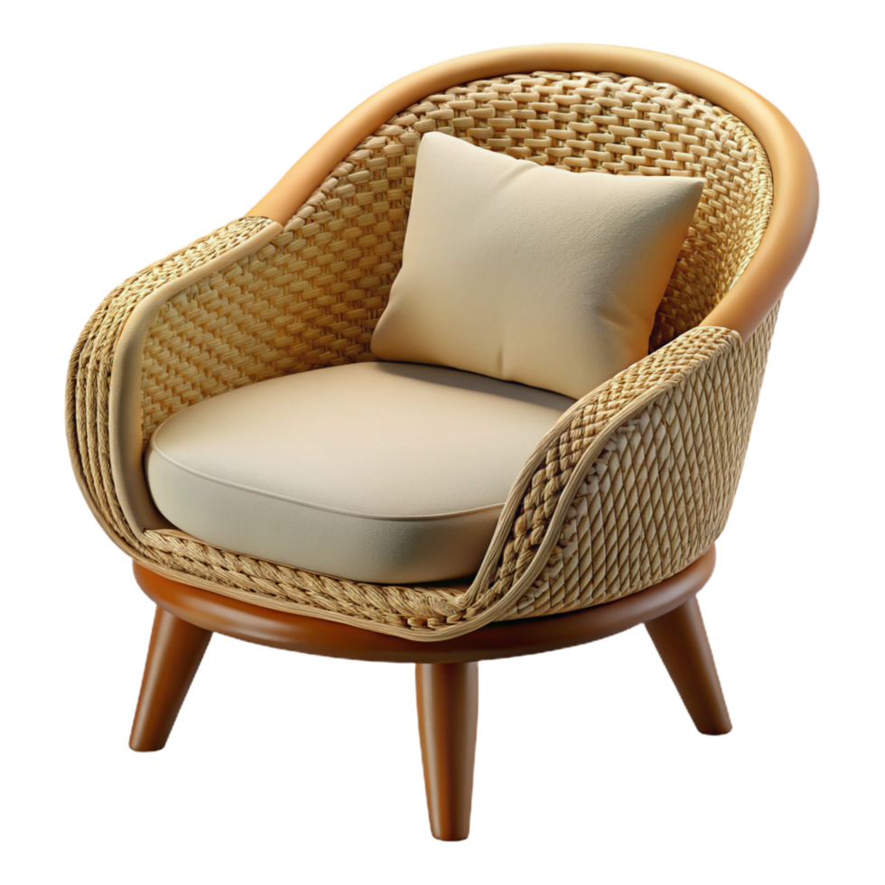 acclaimetraditional Wicker patio chair, curveback, cushioneseat, soft lighting, side view, isolateon transparent background,high-resolution product photography flawless png