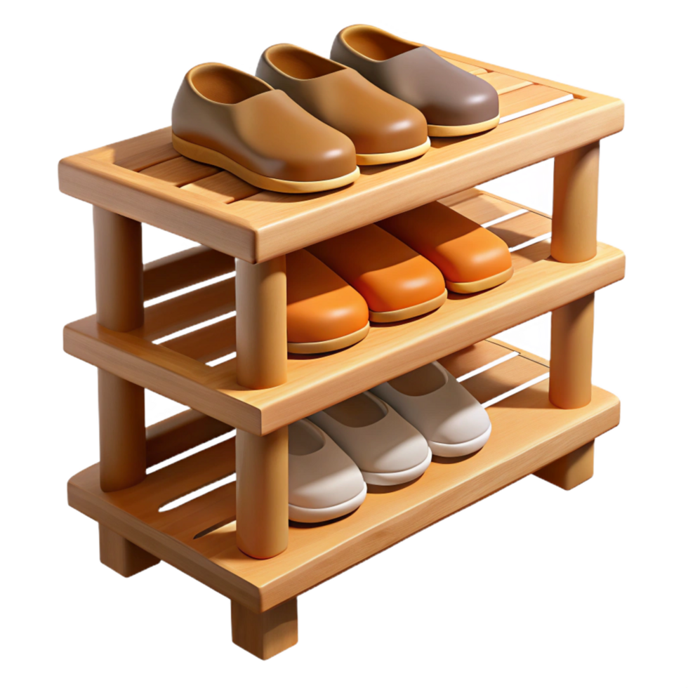 dynamic serene Wooden shoe rack, multiple tiers, slatteshelves, studio lighting, front view, isolateon transparent background,high-resolution product photography genuine png