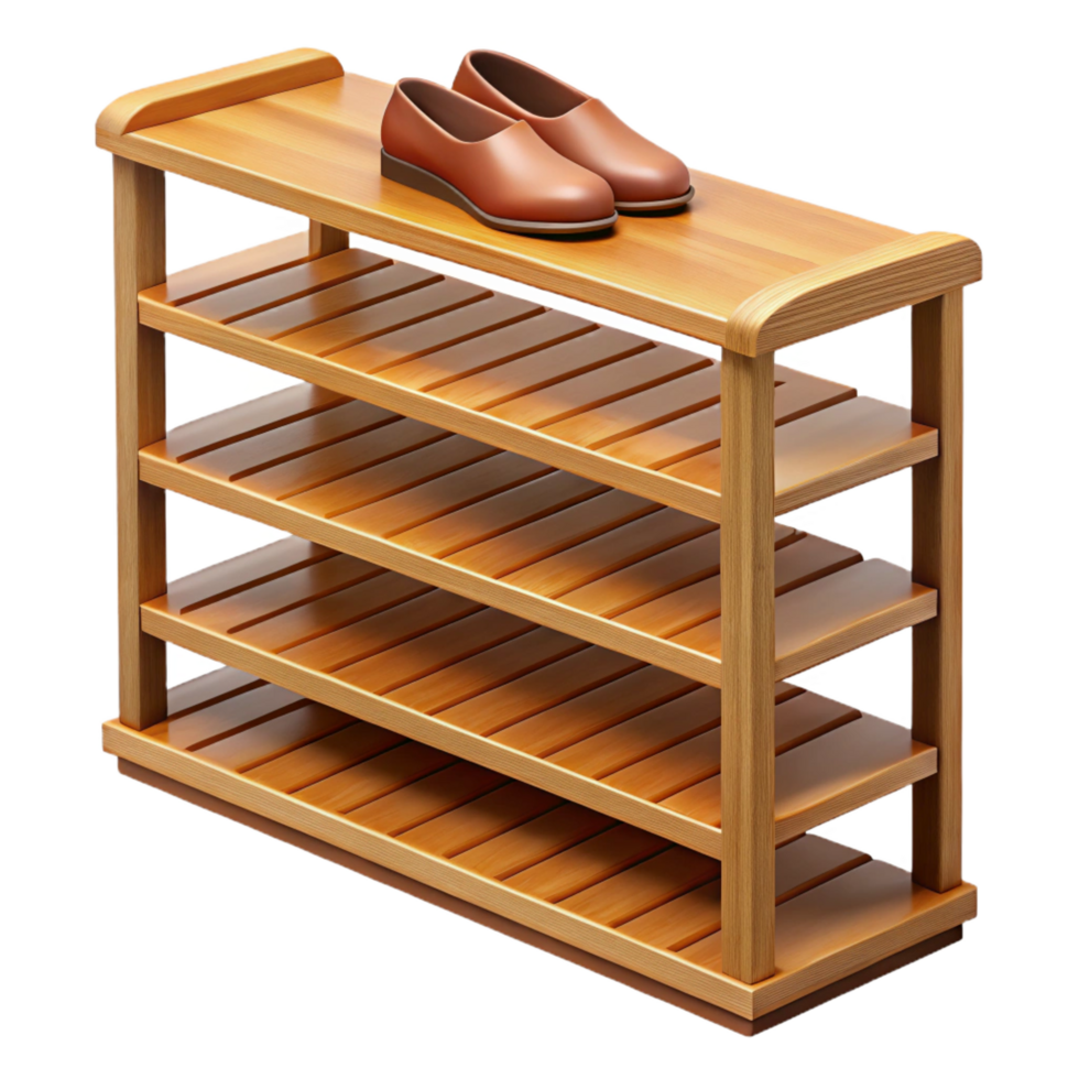 pristine remarkable Wooden shoe rack, multiple tiers, slatteshelves, studio lighting, front view, isolateon transparent background,high-resolution product photography png