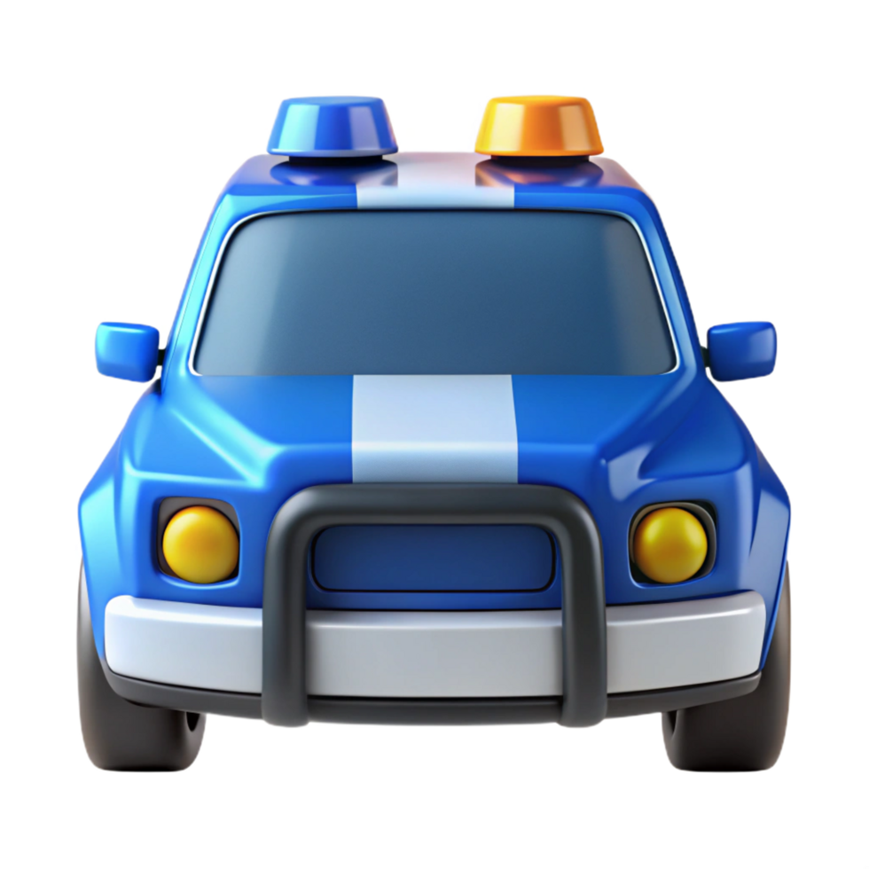 standout coastal Blue anwhite police car, flashing lights, glossy finish, studio lighting, front view, product shot, isolateon transparent background,high-resolution product photography original png