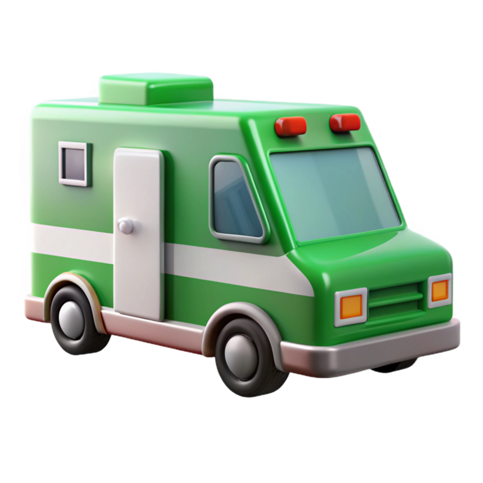 spectacular distinctive Green anwhite ambulance, flashing lights, glossy finish, studio lighting, side view, product shot, isolateon transparent background,high-resolution product photography png